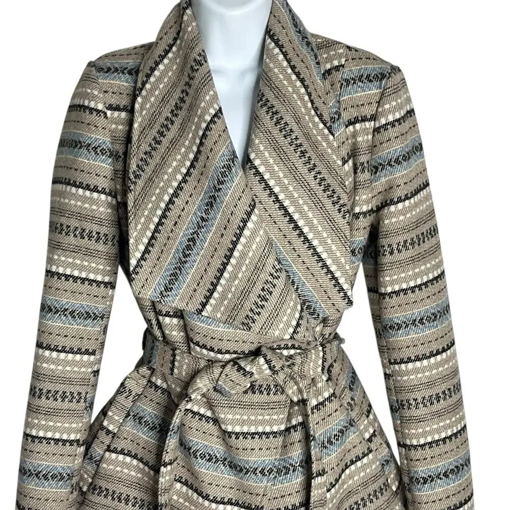 Jack BB Dakota Wrap Coat Jacket Women's S Blanket Belted Pockets Tan Blue Aztec